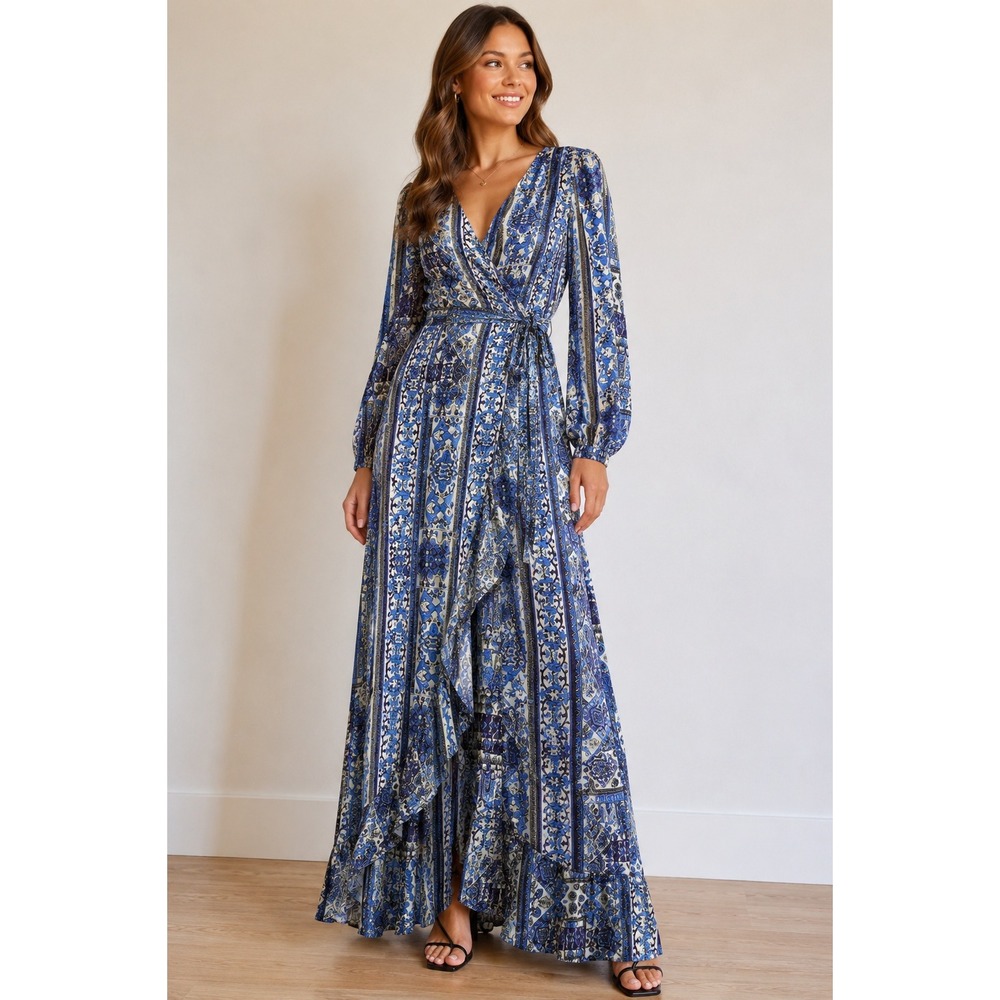 Chan Luu Blue Tile Print Wrap Maxi‎ Dress XS Long Sleeve Boho